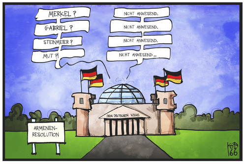 Cartoon: Armenien-Resolution (medium) by Kostas Koufogiorgos tagged karikatur,koufogiorgos,illustration,cartoon,armenien,resolution,reichstag,bundestag,beschluss,abstimmung,mut,merkel,gabriel,steinmeier,diplomatie,tuerkei,karikatur,koufogiorgos,illustration,cartoon,armenien,resolution,reichstag,bundestag,beschluss,abstimmung,mut,merkel,gabriel,steinmeier,diplomatie,tuerkei