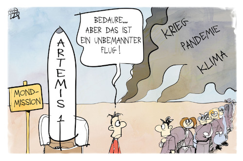 Cartoon: Artemis 1 (medium) by Kostas Koufogiorgos tagged karikatur,koufogiorgos,artemis,mond,mondmission,flucht,krieg,klima,rakete,nasa,karikatur,koufogiorgos,artemis,mond,mondmission,flucht,krieg,klima,rakete,nasa