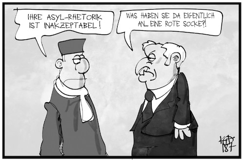 Cartoon: Asyl-Rhetorik (medium) by Kostas Koufogiorgos tagged karikatur,koufogiorgos,illustration,cartoon,asyl,rhetorik,seehofer,csu,rot,robe,socke,links,voßkuhle,bverg,verfassungsgericht,politik,asylpolitik,karikatur,koufogiorgos,illustration,cartoon,asyl,rhetorik,seehofer,csu,rot,robe,socke,links,voßkuhle,bverg,verfassungsgericht,politik,asylpolitik