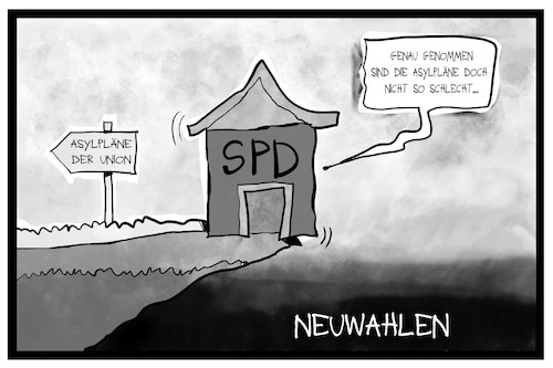 Cartoon: Asylpläne vs. Neuwahlen (medium) by Kostas Koufogiorgos tagged karikatur,koufogiorgos,illustration,cartoon,asylpläne,asylpolitik,haus,spd,partei,sozialdemokraten,neuwahlen,abgrund,alternative,union,karikatur,koufogiorgos,illustration,cartoon,asylpläne,asylpolitik,haus,spd,partei,sozialdemokraten,neuwahlen,abgrund,alternative,union