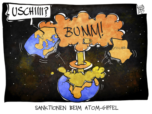 Cartoon: Atom-Gipfel (medium) by Kostas Koufogiorgos tagged karikatur,koufogiorgos,illustration,cartoon,atomgipfel,vonderleyen,uschi,europa,russland,krim,krise,konflikt,erde,welt,atompilz,atomwaffen,krieg,verteidigungsministerin,sanktionen,karikatur,koufogiorgos,illustration,cartoon,atomgipfel,vonderleyen,uschi,europa,russland,krim,krise,konflikt,erde,welt,atompilz,atomwaffen,krieg,verteidigungsministerin,sanktionen