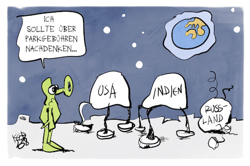 Cartoon: Auf dem Mond (medium) by Kostas Koufogiorgos tagged karikatur,koufogiorgos,indien,russland,usa,mond,mann,alien,parkgebühr,karikatur,koufogiorgos,indien,russland,usa,mond,mann,alien,parkgebühr