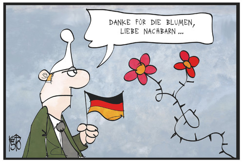 Cartoon: Auf gute EU-Nachbarschaft (medium) by Kostas Koufogiorgos tagged karikatur,koufogiorgos,illustration,cartoon,deutschland,eu,europa,nachbarn,blumen,dank,dornen,streit,michel,karikatur,koufogiorgos,illustration,cartoon,deutschland,eu,europa,nachbarn,blumen,dank,dornen,streit,michel