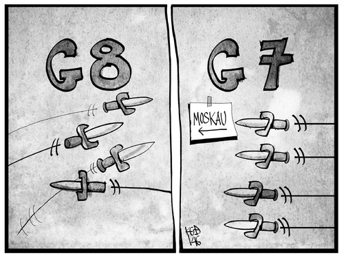 Cartoon: Aus G8 wird G7 (medium) by Kostas Koufogiorgos tagged putin,moskau,gipfel,politik,dolch,messer,streit,g7,g8,cartoon,illustration,koufogiorgos,karikatur,karikatur,koufogiorgos,illustration,cartoon,g8,g7,streit,messer,dolch,politik,gipfel,moskau,putin