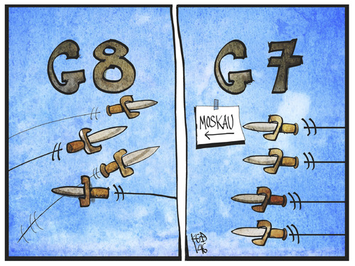 Cartoon: Aus G8 wird G7 (medium) by Kostas Koufogiorgos tagged karikatur,koufogiorgos,illustration,cartoon,g8,g7,streit,messer,dolch,politik,gipfel,moskau,putin,karikatur,koufogiorgos,illustration,cartoon,g8,g7,streit,messer,dolch,politik,gipfel,moskau,putin
