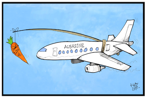 Cartoon: Ausreiseprämie (medium) by Kostas Koufogiorgos tagged die,bundesregierung,will,freiwillige,ausreise,von,abgelehnten,asylbewerbern,fördern,die,bundesregierung,will,freiwillige,ausreise,von,abgelehnten,asylbewerbern,fördern