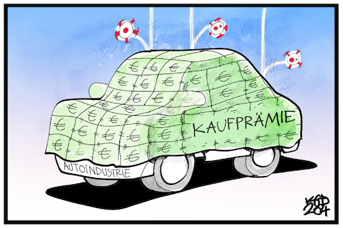 Cartoon: Auto-Kaufprämie (medium) by Kostas Koufogiorgos tagged karikatur,koufogiorgos,illustration,cartoon,corona,autobauer,wirtschaft,autoindustrie,kaufprämie,staatshilfe,karikatur,koufogiorgos,illustration,cartoon,corona,autobauer,wirtschaft,autoindustrie,kaufprämie,staatshilfe