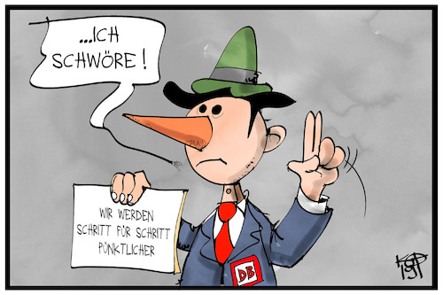 Cartoon: Bahn-Pünktlichkeit (medium) by Kostas Koufogiorgos tagged karikatur,koufogiorgos,illustration,cartoon,bahn,pinocchio,pünktlichkeit,lüge,verkehr,infrastruktur,schwur,lutz,karikatur,koufogiorgos,illustration,cartoon,bahn,pinocchio,pünktlichkeit,lüge,verkehr,infrastruktur,schwur,lutz