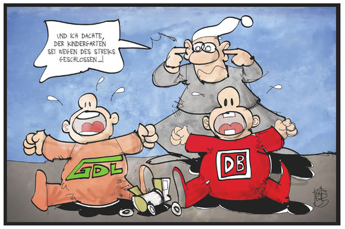 Cartoon: Bahn und GDL (medium) by Kostas Koufogiorgos tagged karikatur,koufogiorgos,illustration,cartoon,gdl,bahn,streik,kindergarte,streit,arbeitskampf,einigung,tarifstreit,lokführer,eisenbahner,karikatur,koufogiorgos,illustration,cartoon,gdl,bahn,streik,kindergarte,streit,arbeitskampf,einigung,tarifstreit,lokführer,eisenbahner