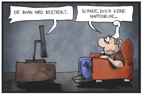 Cartoon: Bahnstreik (medium) by Kostas Koufogiorgos tagged karikatur,koufogiorgos,illustration,cartoon,bahn,streik,gdl,gewerkschaft,waffenstillstand,arbeitskampf,fernseher,verkehr,politik,michel,karikatur,koufogiorgos,illustration,cartoon,bahn,streik,gdl,gewerkschaft,waffenstillstand,arbeitskampf,fernseher,verkehr,politik,michel