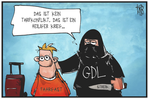 Cartoon: Bahnstreik (medium) by Kostas Koufogiorgos tagged karikatur,koufogiorgos,illustration,cartoon,gdl,terrorist,streik,bahn,heiliger,krieg,passagier,gewerkschaft,arbeitskampf,politik,verkehr,karikatur,koufogiorgos,illustration,cartoon,gdl,terrorist,streik,bahn,heiliger,krieg,passagier,gewerkschaft,arbeitskampf,politik,verkehr