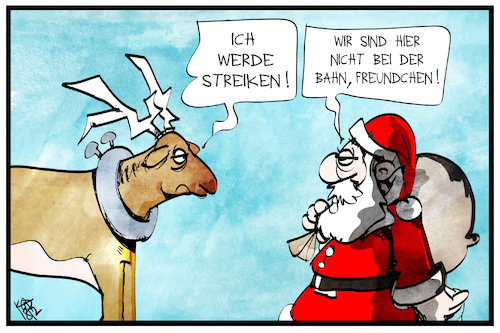 Cartoon: Bahnstreik (medium) by Kostas Koufogiorgos tagged karikatur,koufogiorgos,illustration,cartoon,bahn,streik,tarifstreit,arbeitskampf,weihnachtsmann,rentier,karikatur,koufogiorgos,illustration,cartoon,bahn,streik,tarifstreit,arbeitskampf,weihnachtsmann,rentier