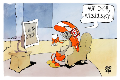 Cartoon: Bahnstreik (medium) by Kostas Koufogiorgos tagged karikatur,koufogiorgos,bahn,weselsky,gdl,pause,freizeit,streik,karikatur,koufogiorgos,bahn,weselsky,gdl,pause,freizeit,streik