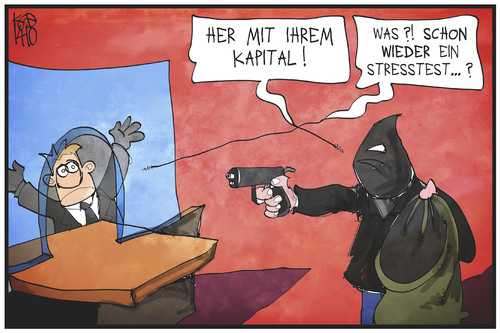 Cartoon: Banken-Stresstest (medium) by Kostas Koufogiorgos tagged karikatur,koufogiorgos,illustration,cartoon,stresstest,bank,überfall,räuber,kapital,geld,ezb,wirtschaft,karikatur,koufogiorgos,illustration,cartoon,stresstest,bank,überfall,räuber,kapital,geld,ezb,wirtschaft