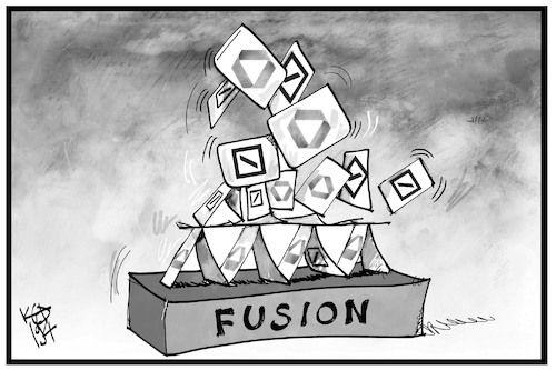 Cartoon: Bankfusion (medium) by Kostas Koufogiorgos tagged karikatur,koufogiorgos,illustration,cartoon,bank,fusion,commerzbank,deutsche,kartenhaus,geldhaus,wirtschaft,einsturz,scheitern,karikatur,koufogiorgos,illustration,cartoon,bank,fusion,commerzbank,deutsche,kartenhaus,geldhaus,wirtschaft,einsturz,scheitern