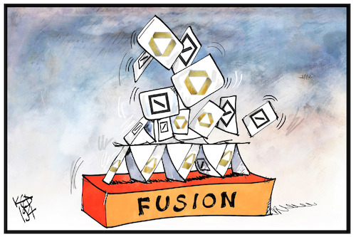 Cartoon: Bankenfusion (medium) by Kostas Koufogiorgos tagged karikatur,koufogiorgos,illustration,cartoon,bank,fusion,commerzbank,deutsche,kartenhaus,geldhaus,wirtschaft,einsturz,scheitern,karikatur,koufogiorgos,illustration,cartoon,bank,fusion,commerzbank,deutsche,kartenhaus,geldhaus,wirtschaft,einsturz,scheitern