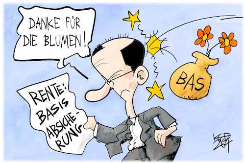 Cartoon: Bas kritisiert Merz (medium) by Kostas Koufogiorgos tagged karikatur,koufogiorgos,merz,bas,blumen,kritik,rente,karikatur,koufogiorgos,merz,bas,blumen,kritik,rente