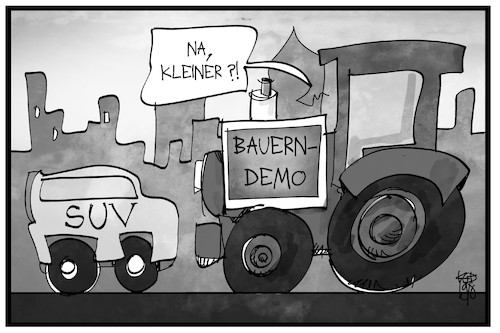 Cartoon: Bauernprotest (medium) by Kostas Koufogiorgos tagged karikatur,koufogiorgos,illustration,cartoon,bauern,protest,traktor,suv,blockade,demonstration,trecker,bauer,landwirt,karikatur,koufogiorgos,illustration,cartoon,bauern,protest,traktor,suv,blockade,demonstration,trecker,bauer,landwirt