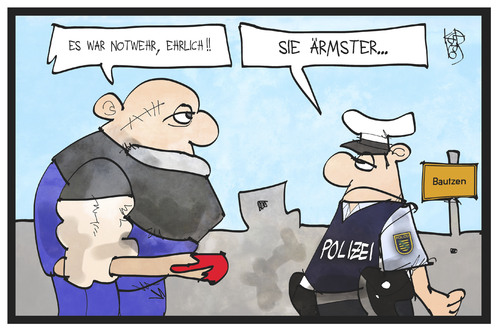 Cartoon: Bautzen (medium) by Kostas Koufogiorgos tagged karikatur,koufogiorgos,illustration,cartoon,rechtsextremismus,neonazi,bautzen,polizist,polizei,notwehr,gewalt,fremdenfeindlichkeit,karikatur,koufogiorgos,illustration,cartoon,rechtsextremismus,neonazi,bautzen,polizist,polizei,notwehr,gewalt,fremdenfeindlichkeit