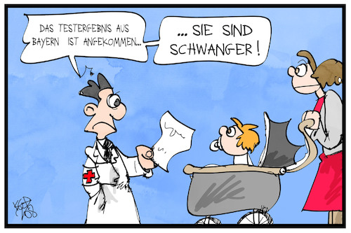 Cartoon: Bayerische Tests (medium) by Kostas Koufogiorgos tagged karikatur,koufogiorgos,illustration,cartoon,bayern,test,schwangerschaft,mutter,kind,verspätung,corona,panne,testergebnis,karikatur,koufogiorgos,illustration,cartoon,bayern,test,schwangerschaft,mutter,kind,verspätung,corona,panne,testergebnis