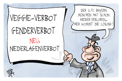 Cartoon: Bayern verliert (medium) by Kostas Koufogiorgos tagged karikatur,koufogiorgos,bayern,söder,fußball,niederlage,bundesliga,veggie,gendern,karikatur,koufogiorgos,bayern,söder,fußball,niederlage,bundesliga,veggie,gendern