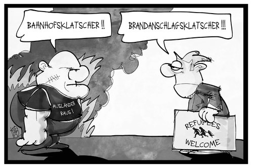 Cartoon: Beifallklatscher (medium) by Kostas Koufogiorgos tagged karikatur,koufogiorgos,illustration,cartoon,rechtsextremismus,terrorismus,brandanschlag,bahnhof,klatscher,willkommenskultur,welcome,refugees,neonazi,ausländer,flüchtlinge,gutmensch,feuer,flüchtlingsheim,asylunterkunft,karikatur,koufogiorgos,illustration,cartoon,rechtsextremismus,terrorismus,brandanschlag,bahnhof,klatscher,willkommenskultur,welcome,refugees,neonazi,ausländer,flüchtlinge,gutmensch,feuer,flüchtlingsheim,asylunterkunft