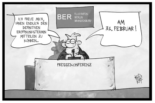 Cartoon: BER (medium) by Kostas Koufogiorgos tagged karikatur,koufogiorgos,illustration,cartoon,ber,flughafen,berlin,brandenburg,eröffnung,verschieben,panne,pressekonferenz,karikatur,koufogiorgos,illustration,cartoon,ber,flughafen,berlin,brandenburg,eröffnung,verschieben,panne,pressekonferenz