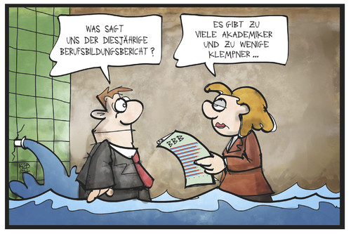 Cartoon: Berufsbildungsbericht (medium) by Kostas Koufogiorgos tagged karikatur,koufogiorgos,illustration,cartoon,bildung,bundesbildungsbericht,auszubildende,studierende,akademiker,handwerker,klemptner,überschwemmung,wasserschaden,missverhältnis,ungleichgewicht,ausbildung,beruf,karikatur,koufogiorgos,illustration,cartoon,bildung,bundesbildungsbericht,auszubildende,studierende,akademiker,handwerker,klemptner,überschwemmung,wasserschaden,missverhältnis,ungleichgewicht,ausbildung,beruf