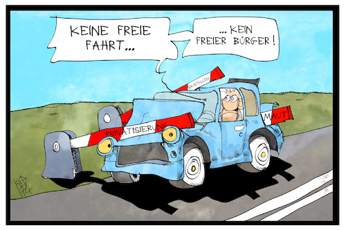 Cartoon: Beschränkte Mobilität (medium) by Kostas Koufogiorgos tagged karikatur,koufogiorgos,illustration,cartoon,mobilität,schranken,maut,baustelle,privatisierung,auto,autofahrer,bürger,autofahrt,freiheit,beschränkung,strasse,karikatur,koufogiorgos,illustration,cartoon,mobilität,schranken,maut,baustelle,privatisierung,auto,autofahrer,bürger,autofahrt,freiheit,beschränkung,strasse