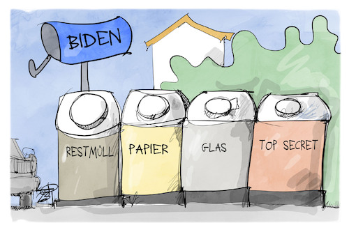 Cartoon: Bidens Geheimdokumente (medium) by Kostas Koufogiorgos tagged karikatur,koufogiorgos,biden,geheim,secret,müll,mülltrennung,abfall,usa,karikatur,koufogiorgos,biden,geheim,secret,müll,mülltrennung,abfall,usa