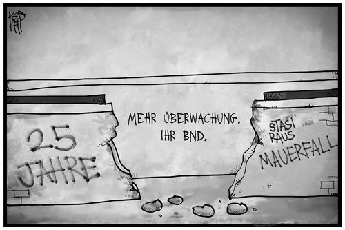 Cartoon: BND-Überwachung (medium) by Kostas Koufogiorgos tagged karikatur,koufogiorgos,illustration,cartoon,bnd,überwachung,mauer,mauerfall,spionage,politik,nachrichtendienst,geheimdienst,karikatur,koufogiorgos,illustration,cartoon,bnd,überwachung,mauer,mauerfall,spionage,politik,nachrichtendienst,geheimdienst