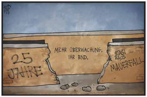 Cartoon: BND-Überwachung (medium) by Kostas Koufogiorgos tagged karikatur,koufogiorgos,illustration,cartoon,bnd,überwachung,mauer,mauerfall,spionage,politik,nachrichtendienst,geheimdienst,karikatur,koufogiorgos,illustration,cartoon,bnd,überwachung,mauer,mauerfall,spionage,politik,nachrichtendienst,geheimdienst