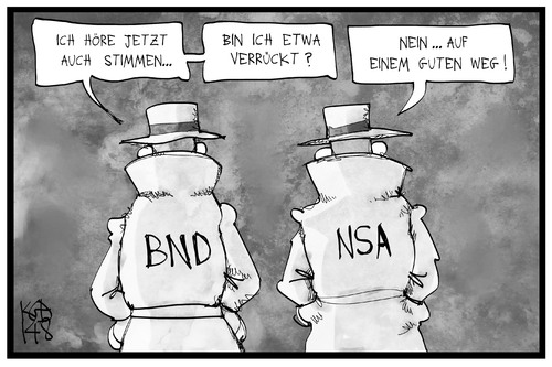 Cartoon: BND auf gutem Weg (medium) by Kostas Koufogiorgos tagged karikatur,koufogiorgos,illustration,cartoon,bnd,nsa,geheimdienst,agent,spionage,usa,deutschland,stimmen,abhören,politik,karikatur,koufogiorgos,illustration,cartoon,bnd,nsa,geheimdienst,agent,spionage,usa,deutschland,stimmen,abhören,politik