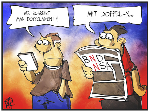 Cartoon: BND und NSA (medium) by Kostas Koufogiorgos tagged karikatur,koufogiorgos,illustration,cartoon,doppelagent,spionage,usa,deutschland,geheimdienst,politik,karikatur,koufogiorgos,illustration,cartoon,doppelagent,spionage,usa,deutschland,geheimdienst,politik