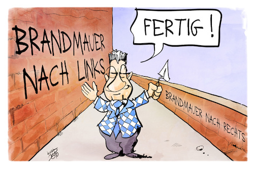 Cartoon: Brandmauern (medium) by Kostas Koufogiorgos tagged karikatur,koufogiorgos,söder,bayern,brandmauer,rechts,links,maurer,karikatur,koufogiorgos,söder,bayern,brandmauer,rechts,links,maurer