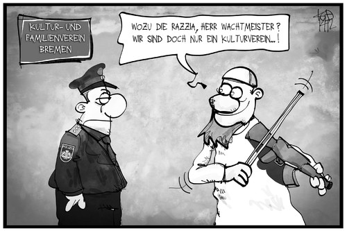 Cartoon: Bremer Salafisten (medium) by Kostas Koufogiorgos tagged musik,bremen,polizei,polizist,salfaist,kuf,cartoon,illustration,koufogiorgos,karikatur,religion,politik,razzia,islamismus,extremismus,verein,familie,kultur,karikatur,koufogiorgos,illustration,cartoon,kuf,salfaist,polizist,polizei,bremen,musik,kultur,familie,verein,extremismus,islamismus,razzia,politik,religion