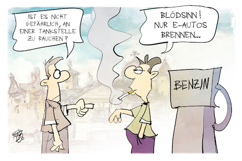 Cartoon: Brennende E-Autos (medium) by Kostas Koufogiorgos tagged karikatur,koufogiorgos,eauto,benzin,feuer,rauchen,tankstelle,karikatur,koufogiorgos,eauto,benzin,feuer,rauchen,tankstelle