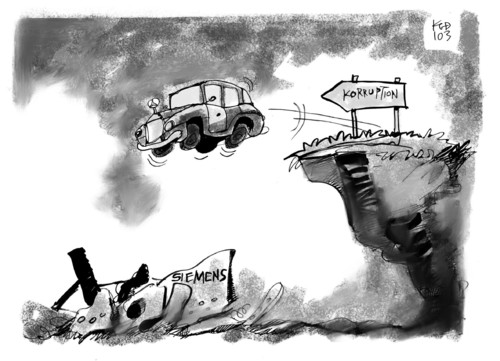 Cartoon: Bruchlandung (medium) by Kostas Koufogiorgos tagged daimler,siemens,usa,deutschland,stuttgart,korruption,bestechung,schmiergeld,auto,industrie,strafe,gericht,abgrund,wirtschaft