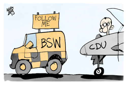 Cartoon: BSW und CDU (medium) by Kostas Koufogiorgos tagged karikatur,koufogiorgos,bsw,cdu,followme,flugzeug,karikatur,koufogiorgos,bsw,cdu,followme,flugzeug