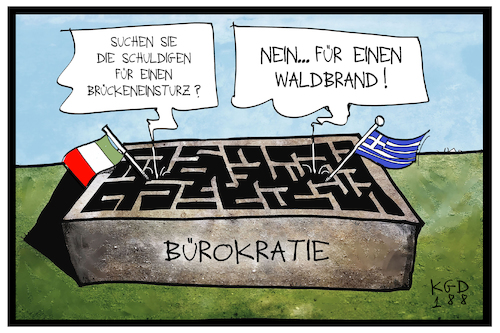 Cartoon: Bürokratie (medium) by Kostas Koufogiorgos tagged karikatur,koufogiorgos,illustration,cartoon,opfer,bürokratie,labyrinth,europa,griechenland,italien,brand,brückeneinsturz,genua,karikatur,koufogiorgos,illustration,cartoon,opfer,bürokratie,labyrinth,europa,griechenland,italien,brand,brückeneinsturz,genua