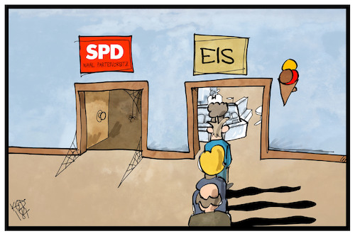 Cartoon: Bundesparteitag SPD (medium) by Kostas Koufogiorgos tagged karikatur,koufogiorgos,illustration,cartoon,bundesparteitag,spd,eis,wetter,andrang,priorität,partei,schlange,eisdiele,eisverkauf,karikatur,koufogiorgos,illustration,cartoon,bundesparteitag,spd,eis,wetter,andrang,priorität,partei,schlange,eisdiele,eisverkauf