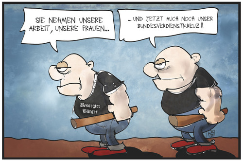 Cartoon: Bundesverdienstkreuz (medium) by Kostas Koufogiorgos tagged karikatur,koufogiorgos,illustration,cartoon,bundesverdienstkreuz,syrer,rechtsextremismus,ausländer,feindlichkeit,besorgter,buerger,karikatur,koufogiorgos,illustration,cartoon,bundesverdienstkreuz,syrer,rechtsextremismus,ausländer,feindlichkeit,besorgter,buerger