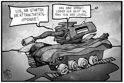 Cartoon: Bundeswehr-Charme-Offensive (medium) by Kostas Koufogiorgos tagged karikatur,koufogiorgos,illustration,cartoon,bundeswehr,rüstungsmängel,soldat,armee,panzer,panne,politik,ausrüstung,offensive,attraktivität,karikatur,koufogiorgos,illustration,cartoon,bundeswehr,rüstungsmängel,soldat,armee,panzer,panne,politik,ausrüstung,offensive,attraktivität