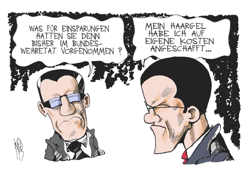 Cartoon: Bundeswehr-Reform (medium) by Kostas Koufogiorgos tagged guttenberg,bundeswehr,reform,einsparungen,maiziere,gel,geld,verteidigungsminister