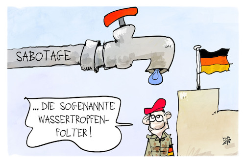 Cartoon: Bundeswehr-Sabotage (medium) by Kostas Koufogiorgos tagged karikatur,koufogiorgos,bundeswehr,sabotage,wasser,folter,tropfen,karikatur,koufogiorgos,bundeswehr,sabotage,wasser,folter,tropfen