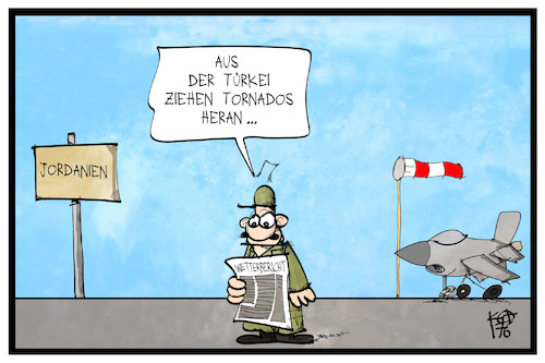 Cartoon: Bundeswehr-Tornados (medium) by Kostas Koufogiorgos tagged karikatur,koufogiorgos,illustration,cartoon,incirlik,tuerkei,jordanien,wetterbericht,tornado,bundeswehr,stützpunkt,nato,karikatur,koufogiorgos,illustration,cartoon,incirlik,tuerkei,jordanien,wetterbericht,tornado,bundeswehr,stützpunkt,nato