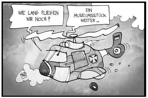 Cartoon: Bundeswehr (medium) by Kostas Koufogiorgos tagged karikatur,koufogiorgos,illustration,cartoon,bundeswehr,hubschrauber,museumsstück,altersschwäche,militär,politik,ausrüstung,rüstung,karikatur,koufogiorgos,illustration,cartoon,bundeswehr,hubschrauber,museumsstück,altersschwäche,militär,politik,ausrüstung,rüstung