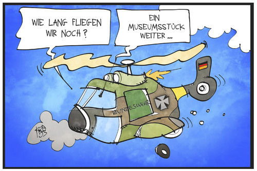 Cartoon: Bundeswehr (medium) by Kostas Koufogiorgos tagged karikatur,koufogiorgos,illustration,cartoon,bundeswehr,hubschrauber,museumsstück,altersschwäche,militär,politik,ausrüstung,rüstung,karikatur,koufogiorgos,illustration,cartoon,bundeswehr,hubschrauber,museumsstück,altersschwäche,militär,politik,ausrüstung,rüstung