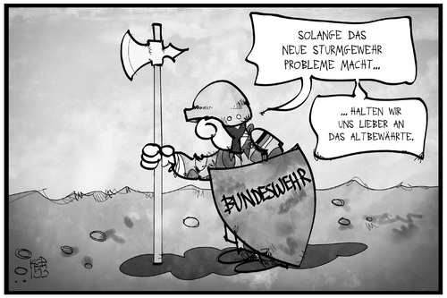 Cartoon: Bundeswehr (medium) by Kostas Koufogiorgos tagged karikatur,koufogiorgos,illustration,cartoon,bujndeswehr,gewehr,waffe,rüstung,rüstungsmängel,soldat,militär,tradition,sicherheit,karikatur,koufogiorgos,illustration,cartoon,bujndeswehr,gewehr,waffe,rüstung,rüstungsmängel,soldat,militär,tradition,sicherheit