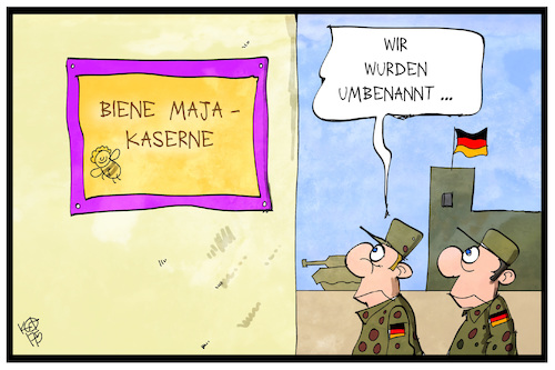 Cartoon: Bundeswehr (medium) by Kostas Koufogiorgos tagged karikatur,koufogiorgos,illustration,cartoon,bundeswehr,soldat,kaserne,umbenennung,wehrmacht,biene,maja,geschichte,militär,nationalsozialismus,karikatur,koufogiorgos,illustration,cartoon,bundeswehr,soldat,kaserne,umbenennung,wehrmacht,biene,maja,geschichte,militär,nationalsozialismus